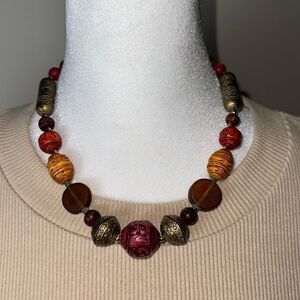 African Trade Beaded Sangria Gold English Brass Tone Necklace